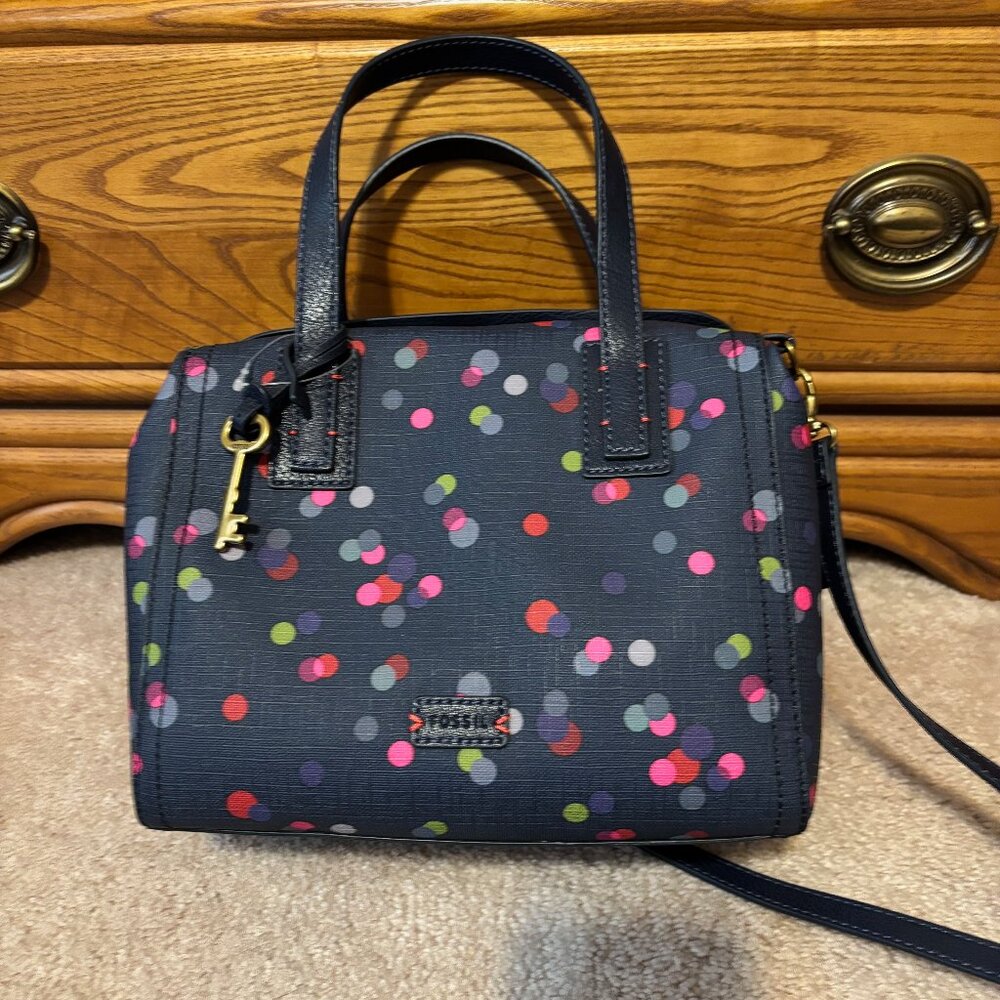 Fossil Emma Satchel Handbag - Coated Canvas Navy Blue with Colorful Dots. NWT